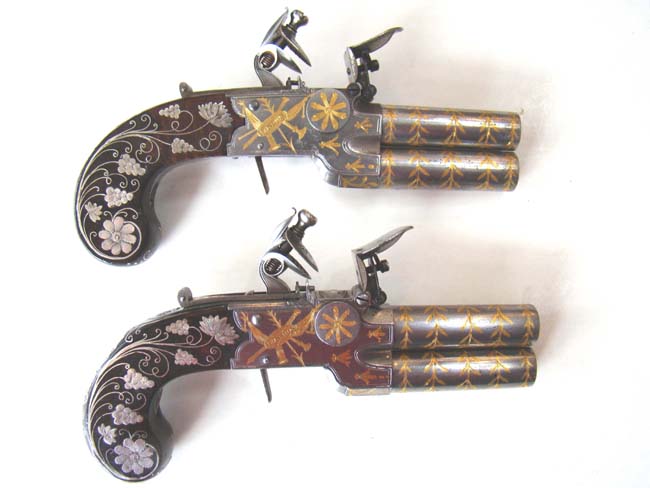 Possibly the FINEST pair of English Gold and Silver Inlaid Flintlock Over and Under Pocket Pistols on the market today! Circa 1800-1810. — image 6